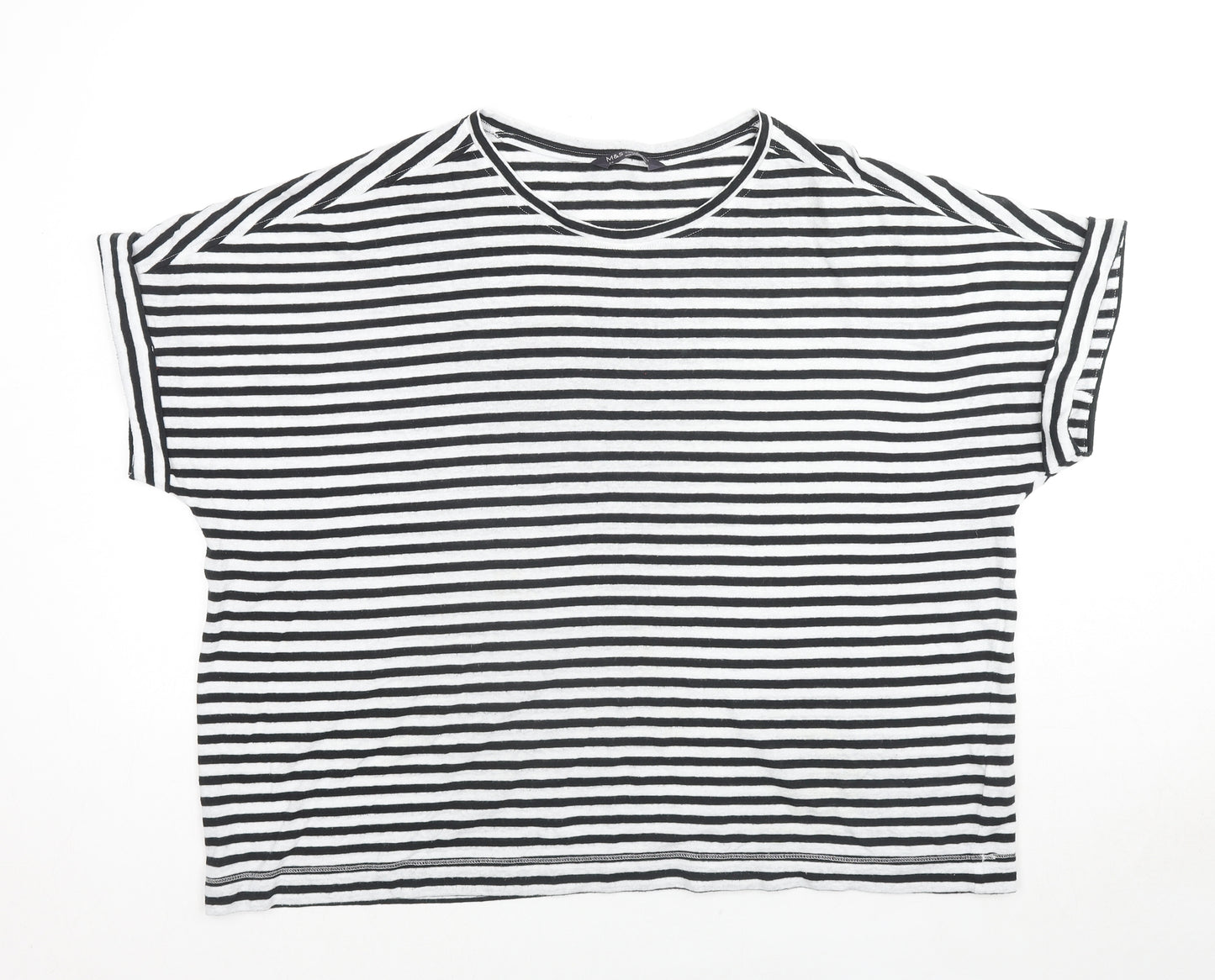 Marks and Spencer Womens Black Striped Linen Basic T-Shirt Size 24 Round Neck