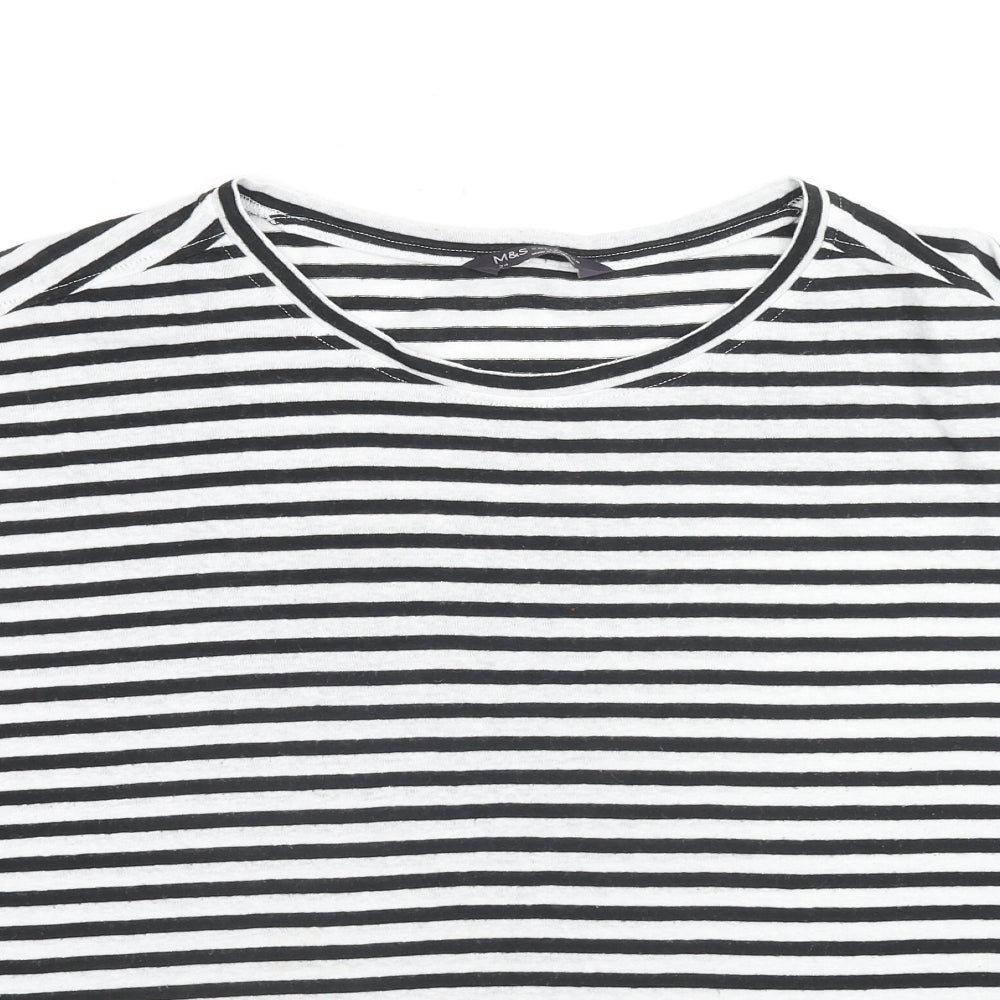 Marks and Spencer Womens Black Striped Linen Basic T-Shirt Size 24 Round Neck