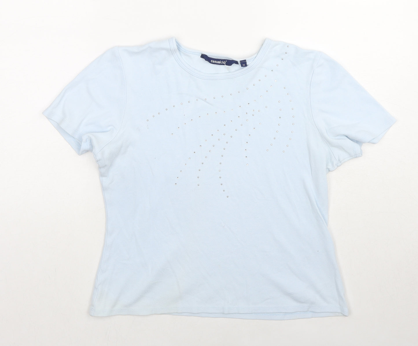 Casual Club Womens Blue Cotton Basic T-Shirt Size 12 Round Neck - Jeweled Detail