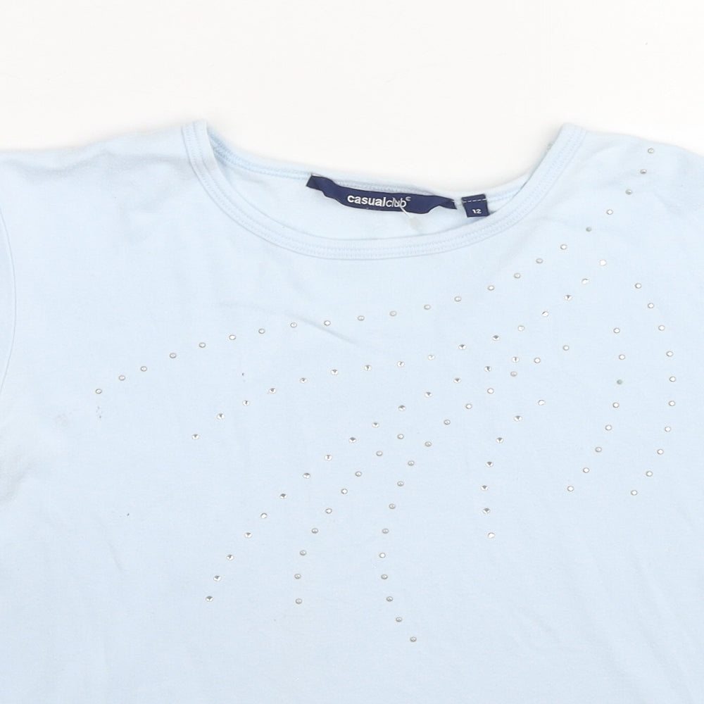 Casual Club Womens Blue Cotton Basic T-Shirt Size 12 Round Neck - Jeweled Detail