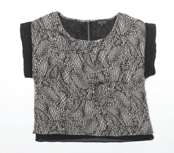 Topshop Womens Black Geometric Polyester Basic T-Shirt Size 10 Round Neck