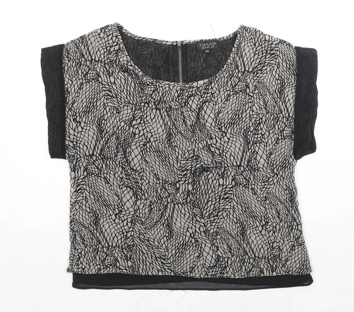 Topshop Womens Black Geometric Polyester Basic T-Shirt Size 10 Round Neck