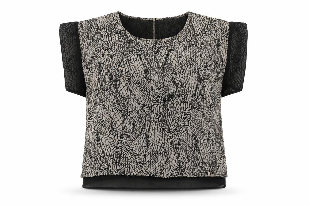 Front view of Topshop women’s black geometric polyester basic t-shirt, size UK 10, round neck