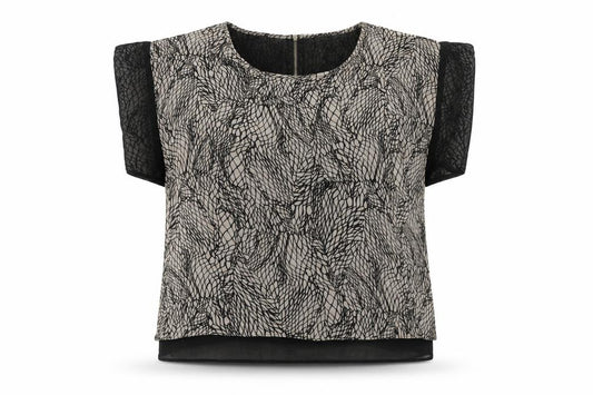 Front view of Topshop women’s black geometric polyester basic t-shirt, size UK 10, round neck
