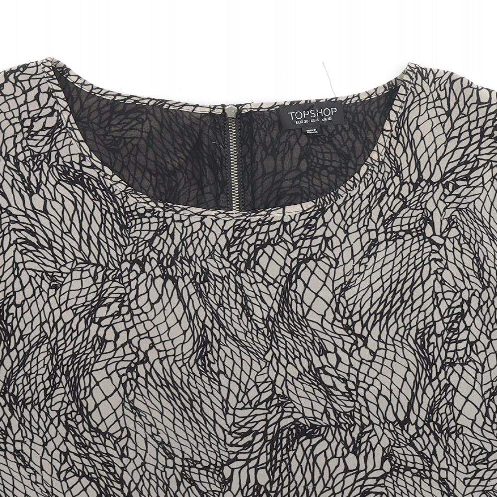 Topshop Womens Black Geometric Polyester Basic T-Shirt Size 10 Round Neck