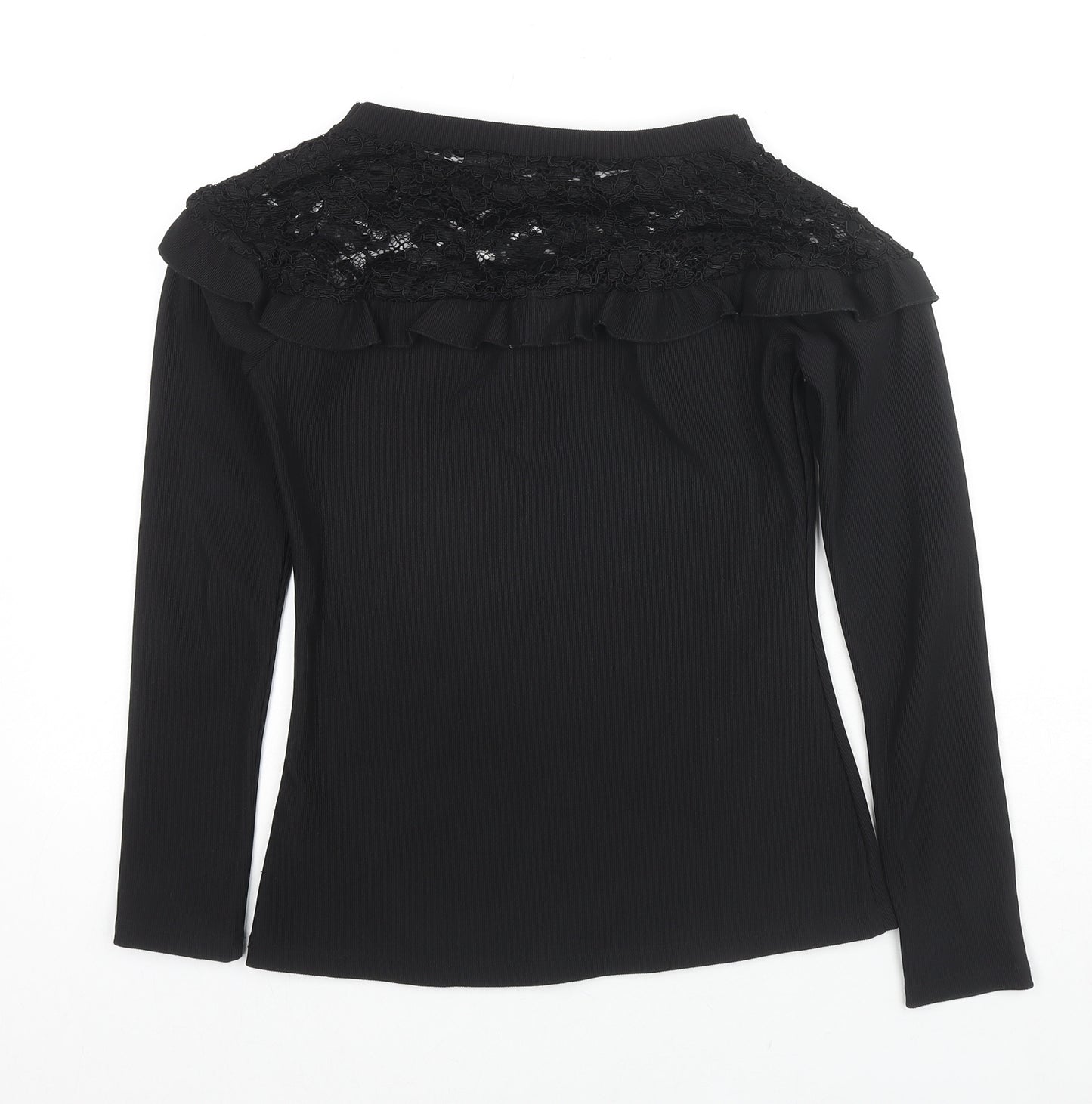 Debenhams Womens Black Polyester Jersey Blouse Size 8 Round Neck - Lace detail