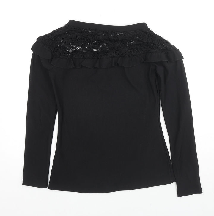 Debenhams Womens Black Polyester Jersey Blouse Size 8 Round Neck - Lace detail