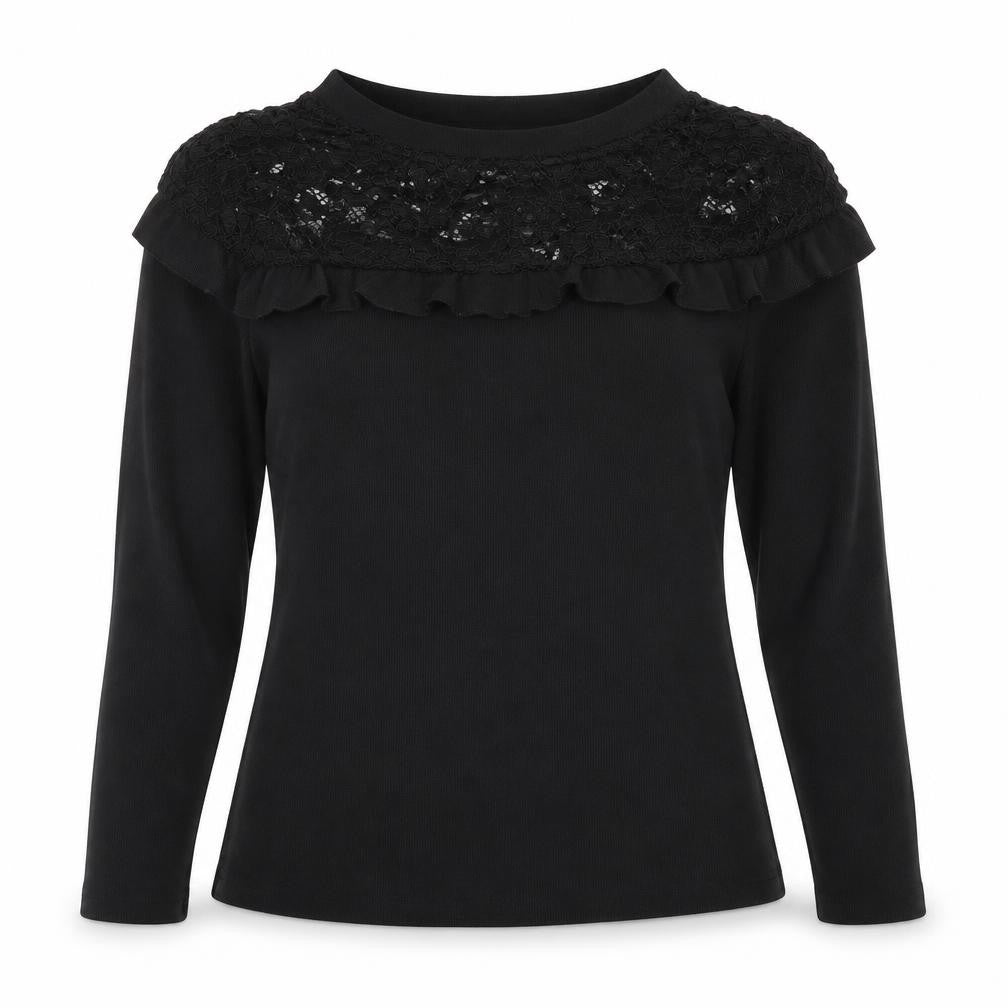 Debenhams Womens Black Polyester Jersey Blouse Size 8 Round Neck - Lace detail