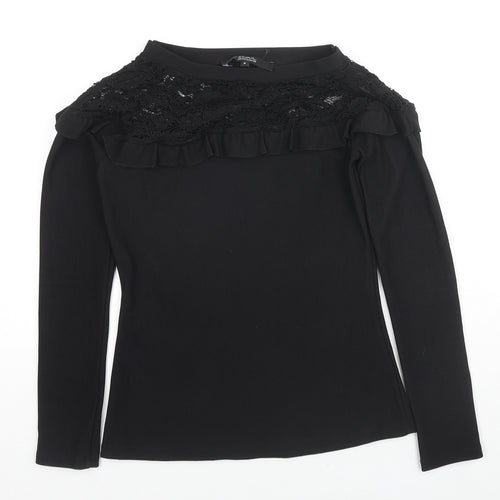 Debenhams Womens Black Polyester Jersey Blouse Size 8 Round Neck - Lace detail