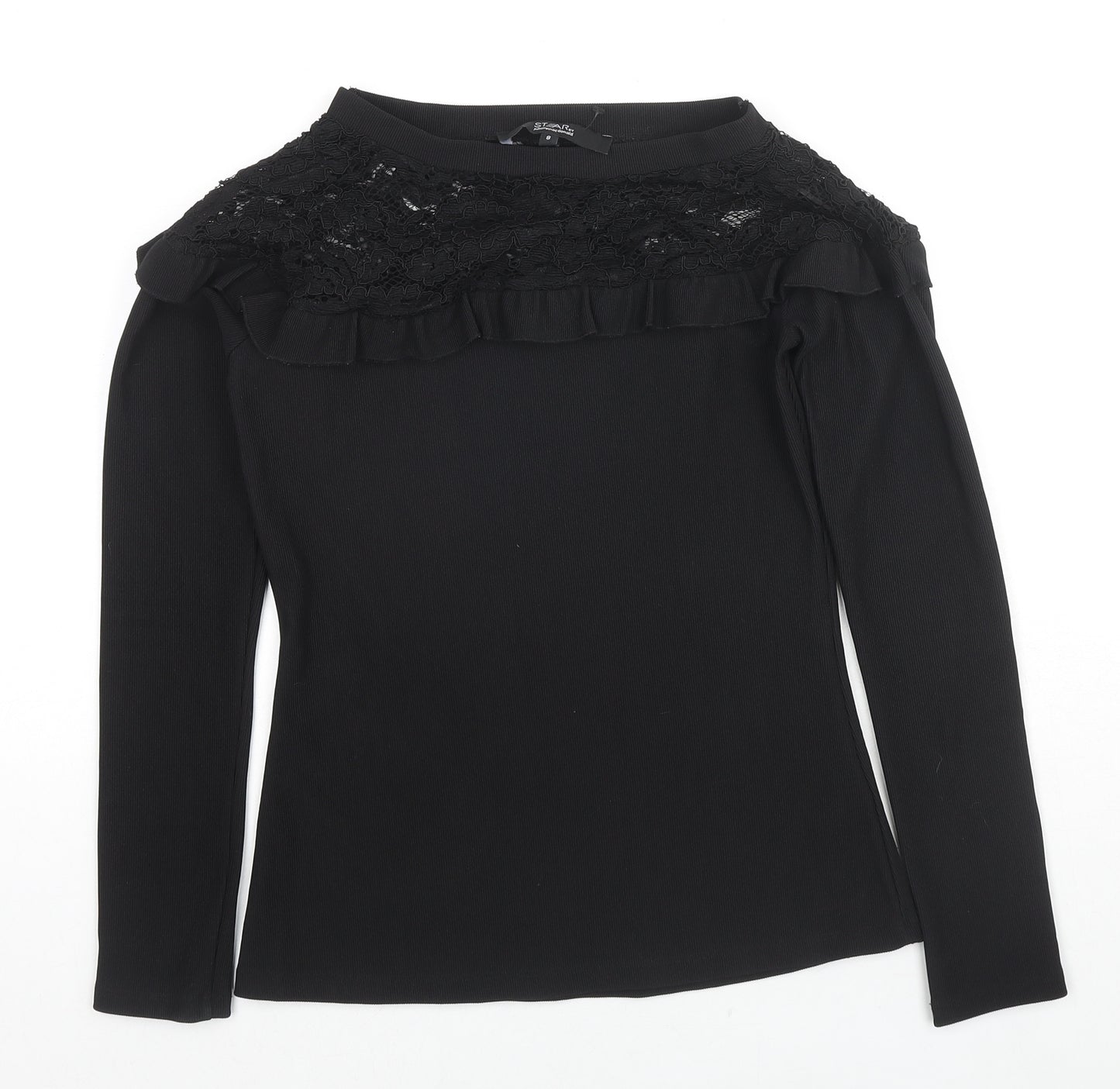 Debenhams Womens Black Polyester Jersey Blouse Size 8 Round Neck - Lace detail