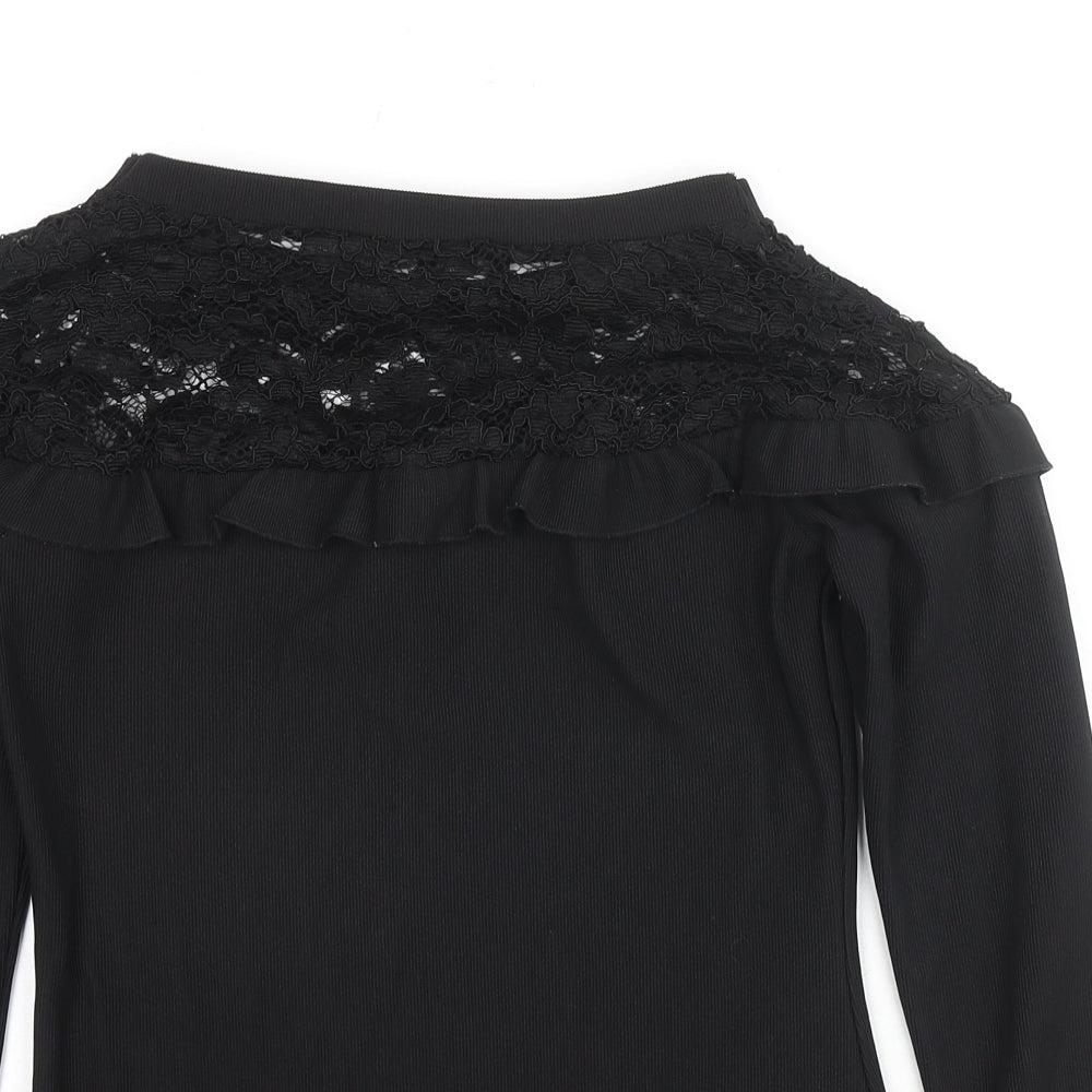 Debenhams Womens Black Polyester Jersey Blouse Size 8 Round Neck - Lace detail