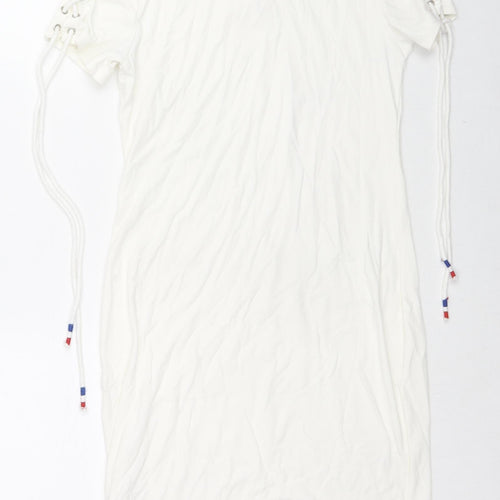 QED London Womens White Cotton Bodycon Size S Round Neck Zip - Tie Detail Sleeves