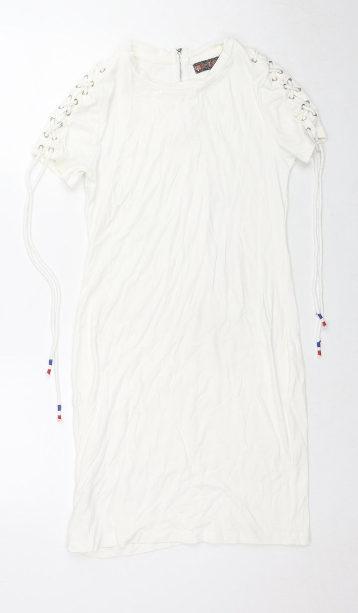 QED London Womens White Cotton Bodycon Size S Round Neck Zip - Tie Detail Sleeves