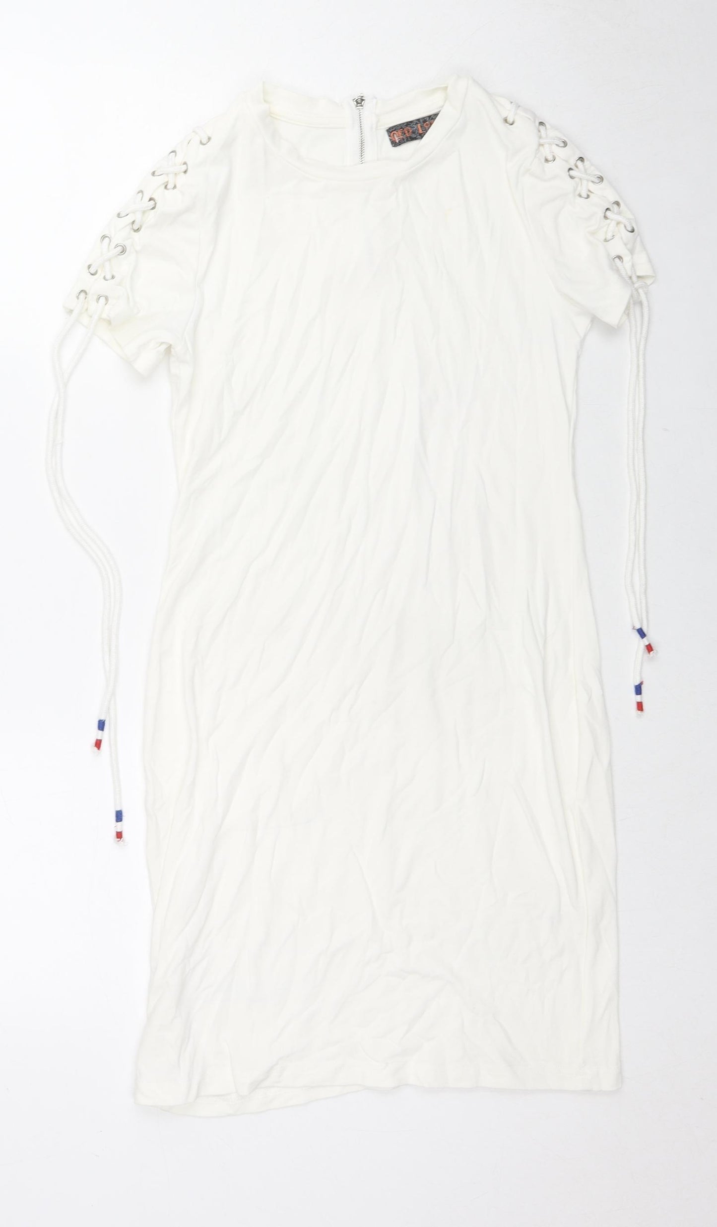 QED London Womens White Cotton Bodycon Size S Round Neck Zip - Tie Detail Sleeves