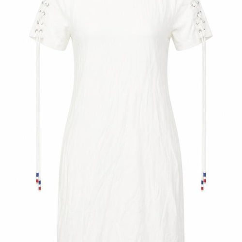 QED London Womens White Cotton Bodycon Size S Round Neck Zip - Tie Detail Sleeves
