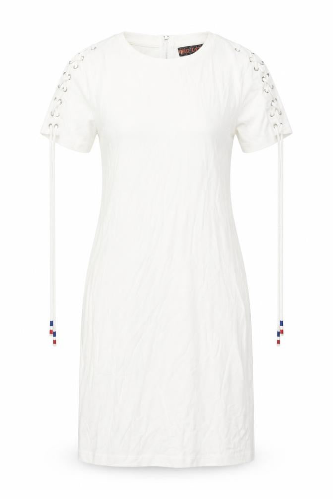 QED London Womens White Cotton Bodycon Size S Round Neck Zip - Tie Detail Sleeves