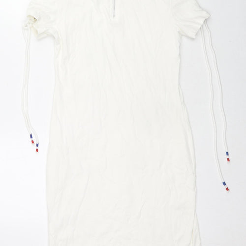 QED London Womens White Cotton Bodycon Size S Round Neck Zip - Tie Detail Sleeves