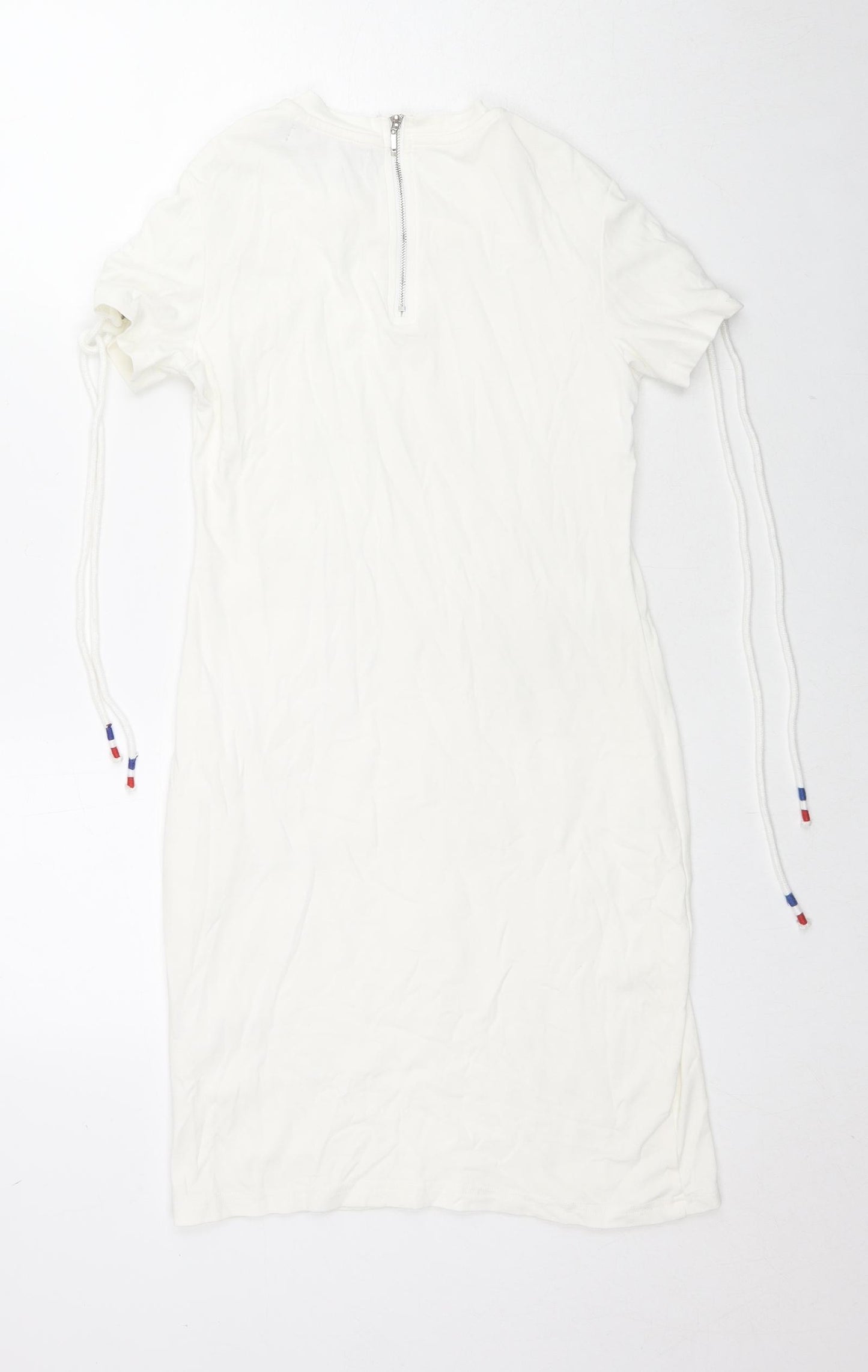 QED London Womens White Cotton Bodycon Size S Round Neck Zip - Tie Detail Sleeves