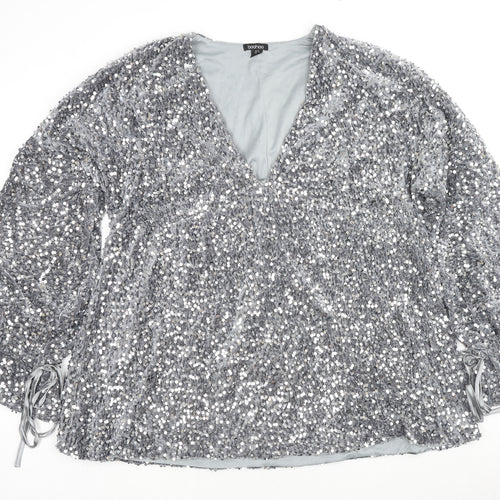 Et Vous Womens Grey Polyester Basic Blouse Size 14 V-Neck