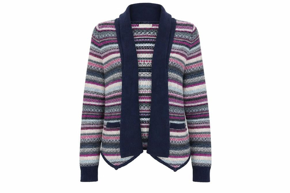 Front view of Indigo women’s multicoloured collared geometric cotton cardigan jumper, size UK 10