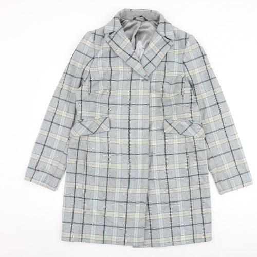 Marks and Spencer Womens Blue Check Overcoat Coat Size 12 Button