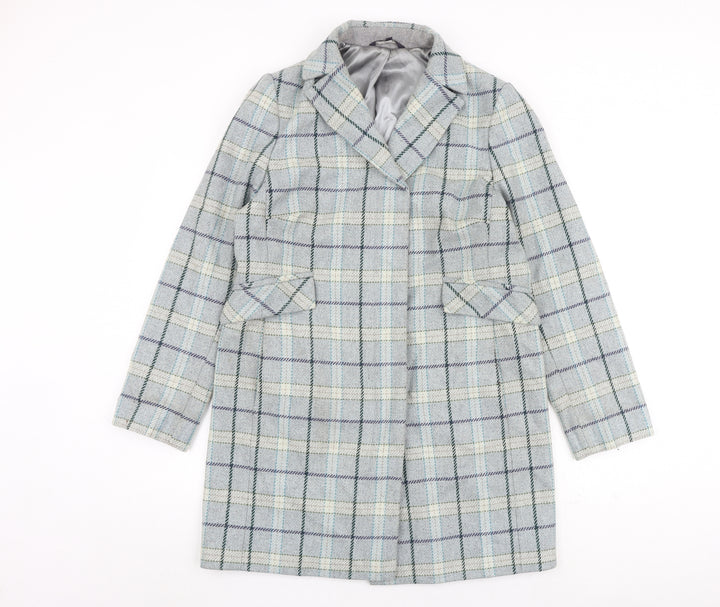 Marks and Spencer Womens Blue Check Overcoat Coat Size 12 Button