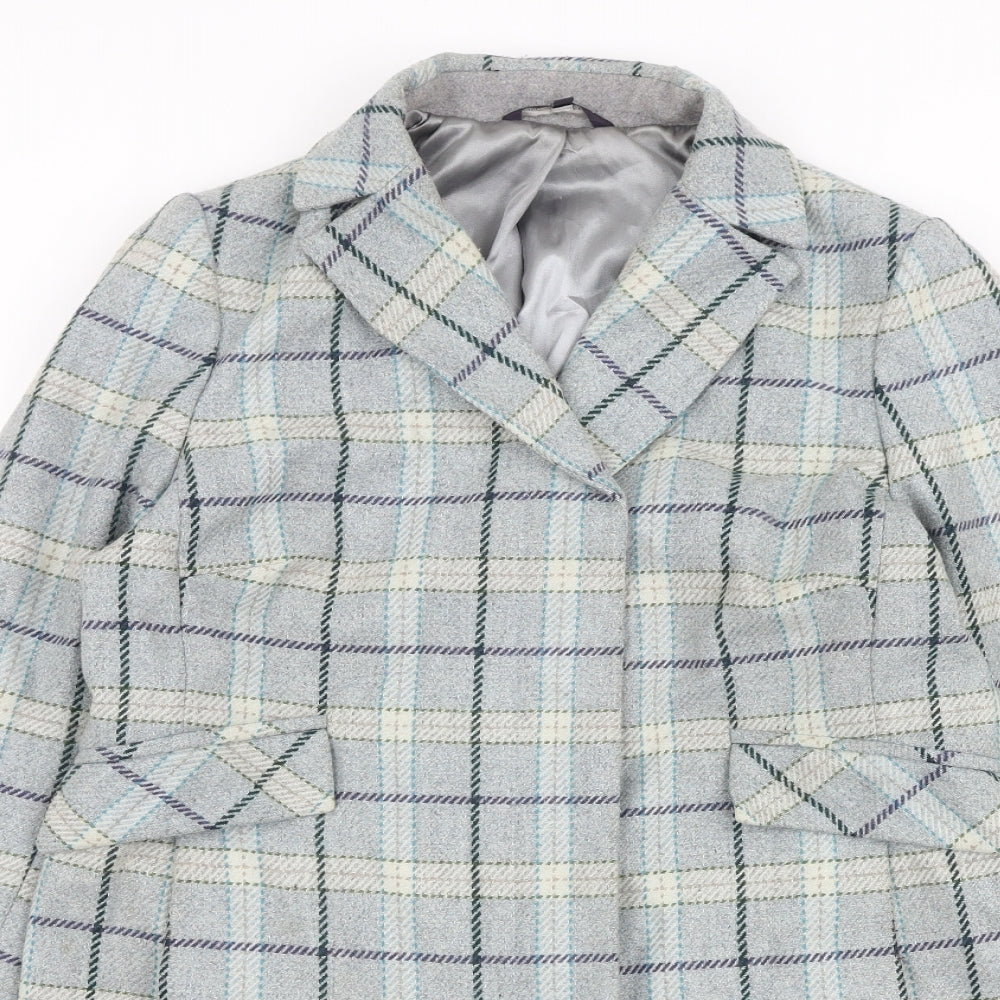 Marks and Spencer Womens Blue Check Overcoat Coat Size 12 Button