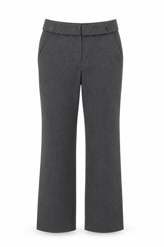 Front view of Mango women’s grey striped polyester trousers, size UK 6, 30-inch leg regular zip