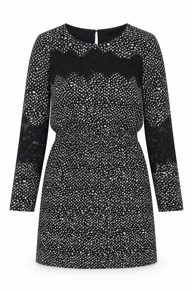 Front view of Limited Edition women’s black geometric polyester a-line, size UK 8, round neck button