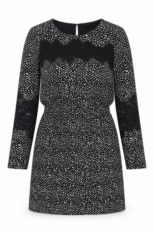 Front view of Limited Edition women’s black geometric polyester a-line, size UK 8, round neck button