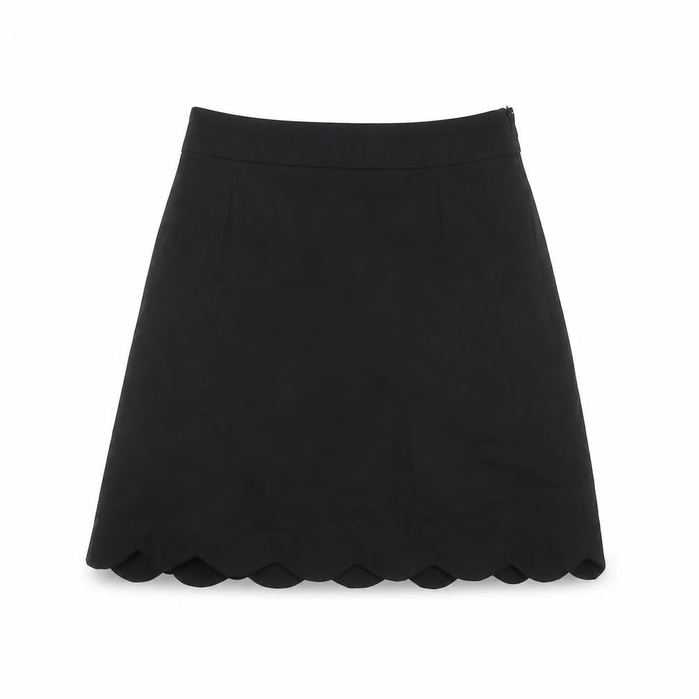 Front view of ASOS women’s black polyester a-line skirt, size UK 6, zip