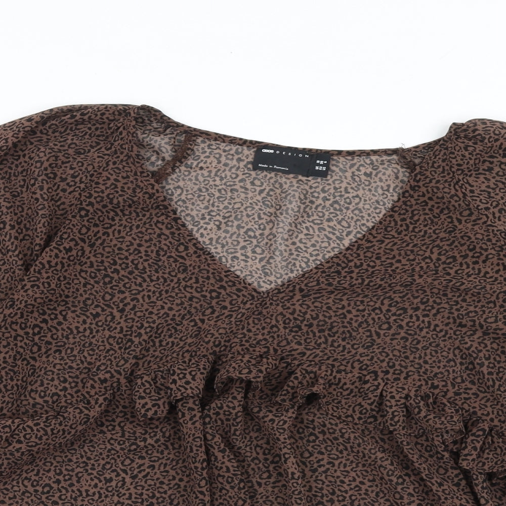 ASOS Womens Brown Animal Print Polyester Basic Blouse Size 10 V-Neck