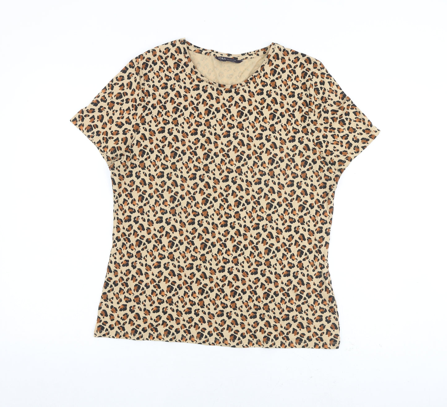 Marks and Spencer Womens Brown Animal Print Cotton Basic T-Shirt Size 16 Round Neck