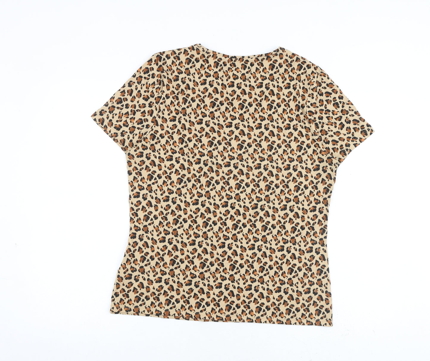 Marks and Spencer Womens Brown Animal Print Cotton Basic T-Shirt Size 16 Round Neck