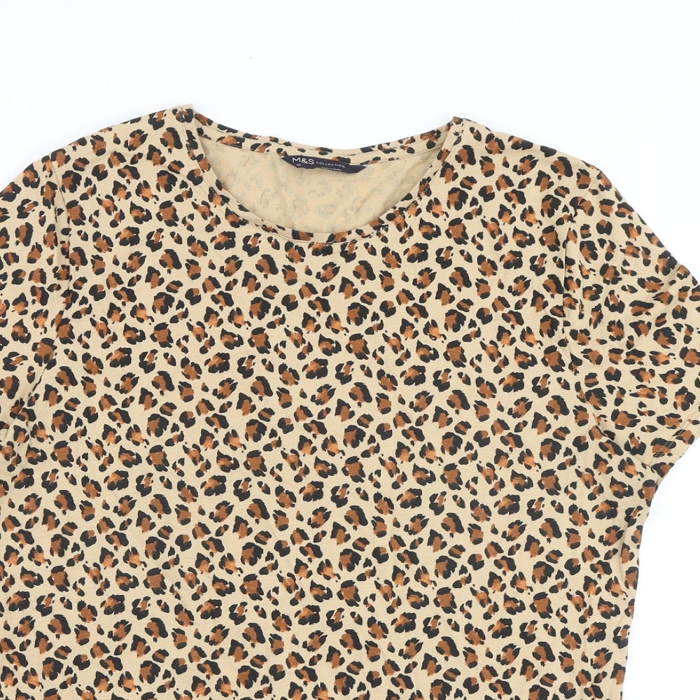 Marks and Spencer Womens Brown Animal Print Cotton Basic T-Shirt Size 16 Round Neck
