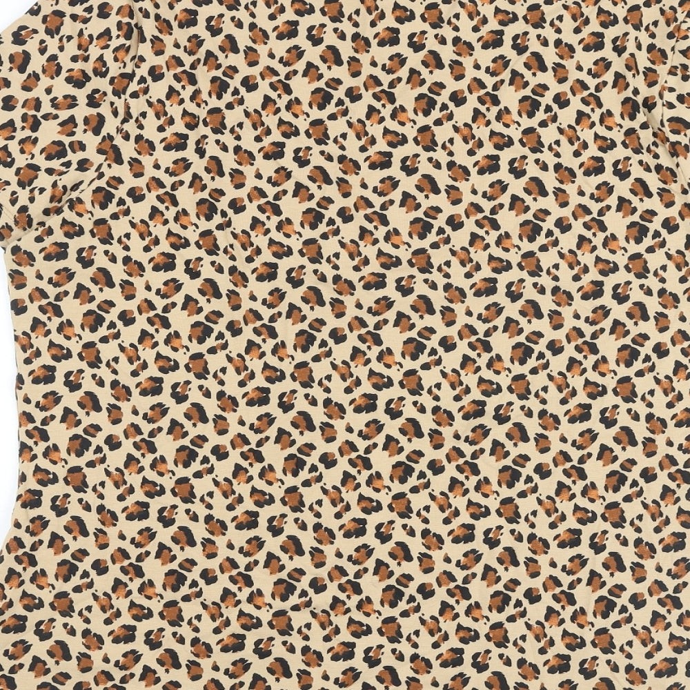 Marks and Spencer Womens Brown Animal Print Cotton Basic T-Shirt Size 16 Round Neck