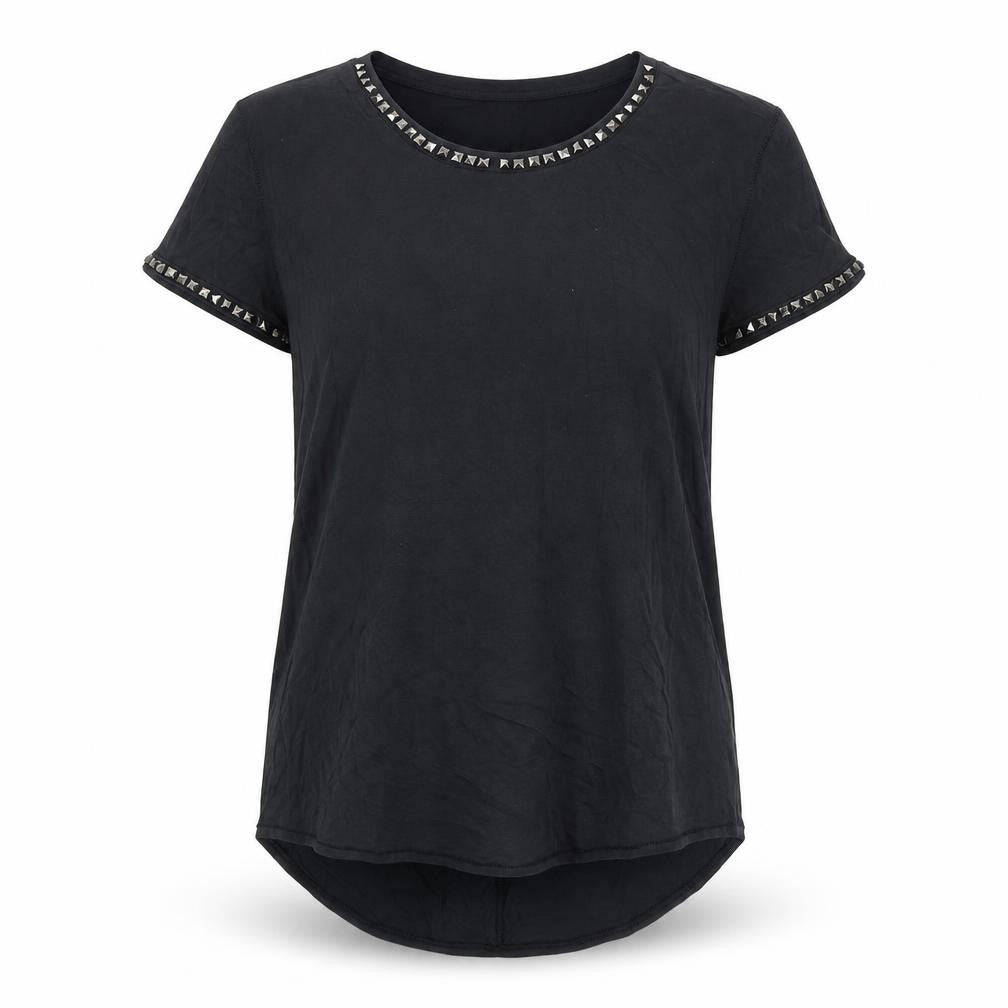 Front view of H&M women’s grey polyester basic t-shirt, size S, round neck