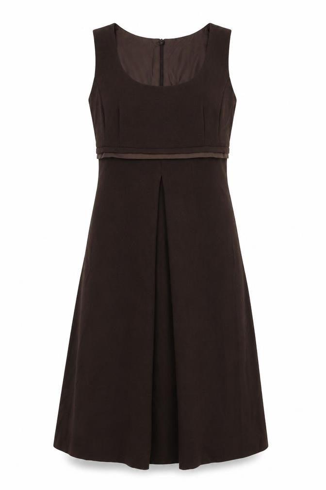 Front view of Marks & Spencer women’s brown polyester a-line, size UK 14, round neck zip