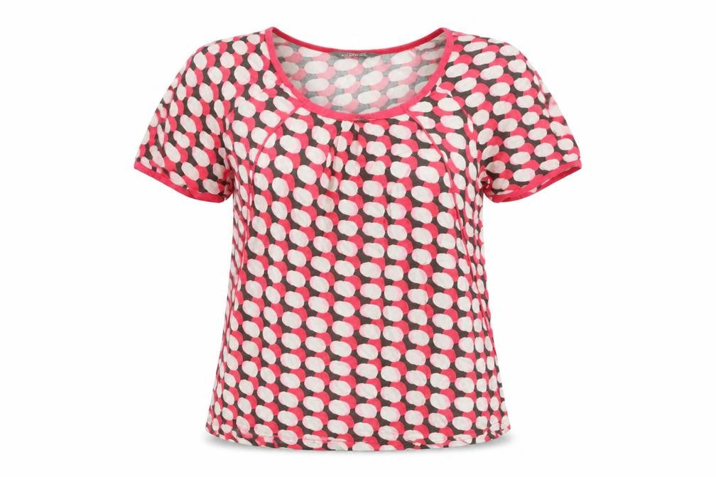 Front view of Sandwich women’s multicoloured geometric viscose basic t-shirt, size UK 8, round neck