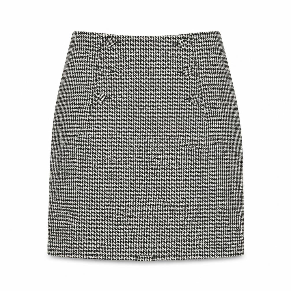 Front view of H&M women’s black geometric polyester a-line skirt, size UK 8, zip
