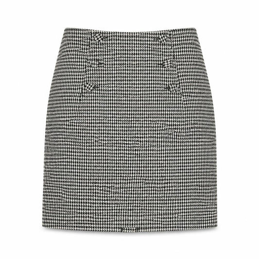 Front view of H&M women’s black geometric polyester a-line skirt, size UK 8, zip
