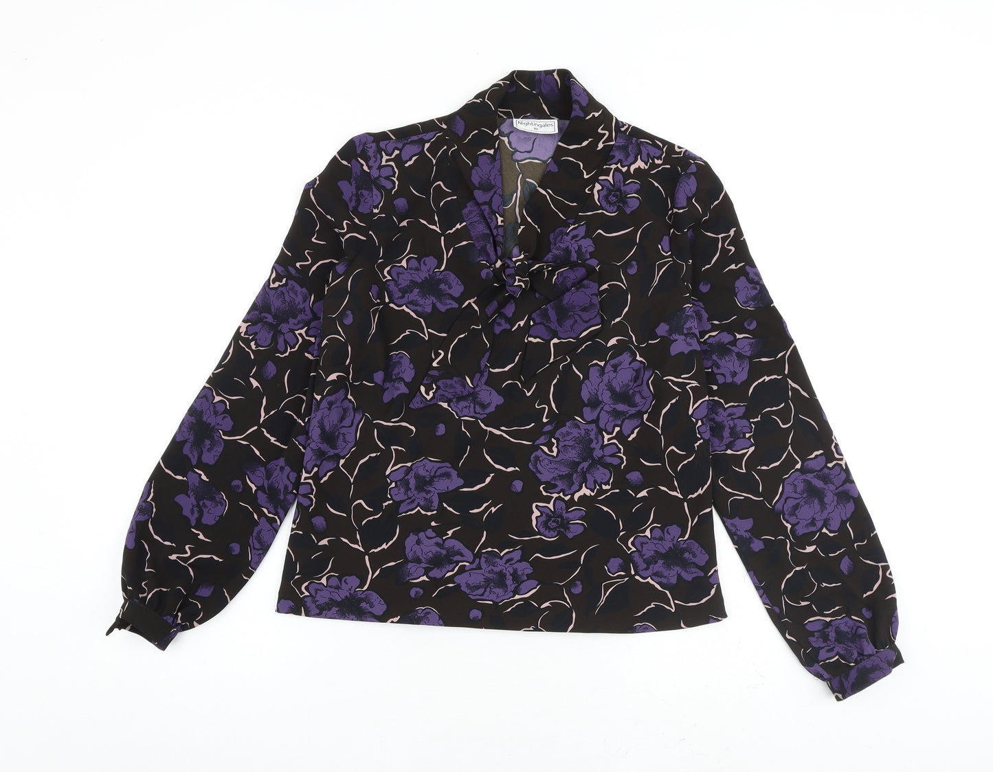 Nightingales Womens Brown Floral Polyester Basic Blouse Size 10 V-Neck