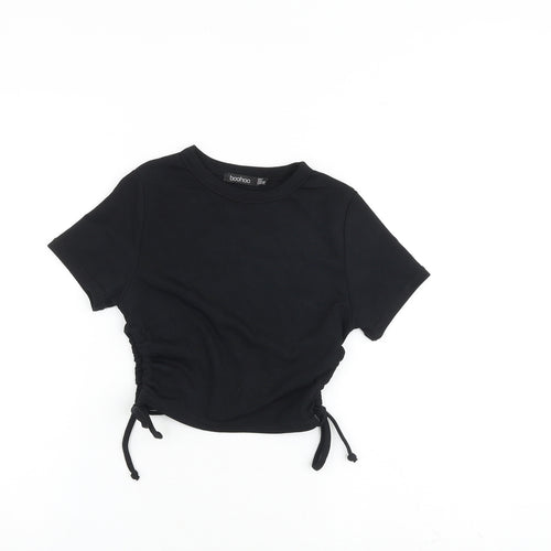 Boohoo Womens Black Polyester Basic T-Shirt Size 6 Round Neck - Ruched Sides