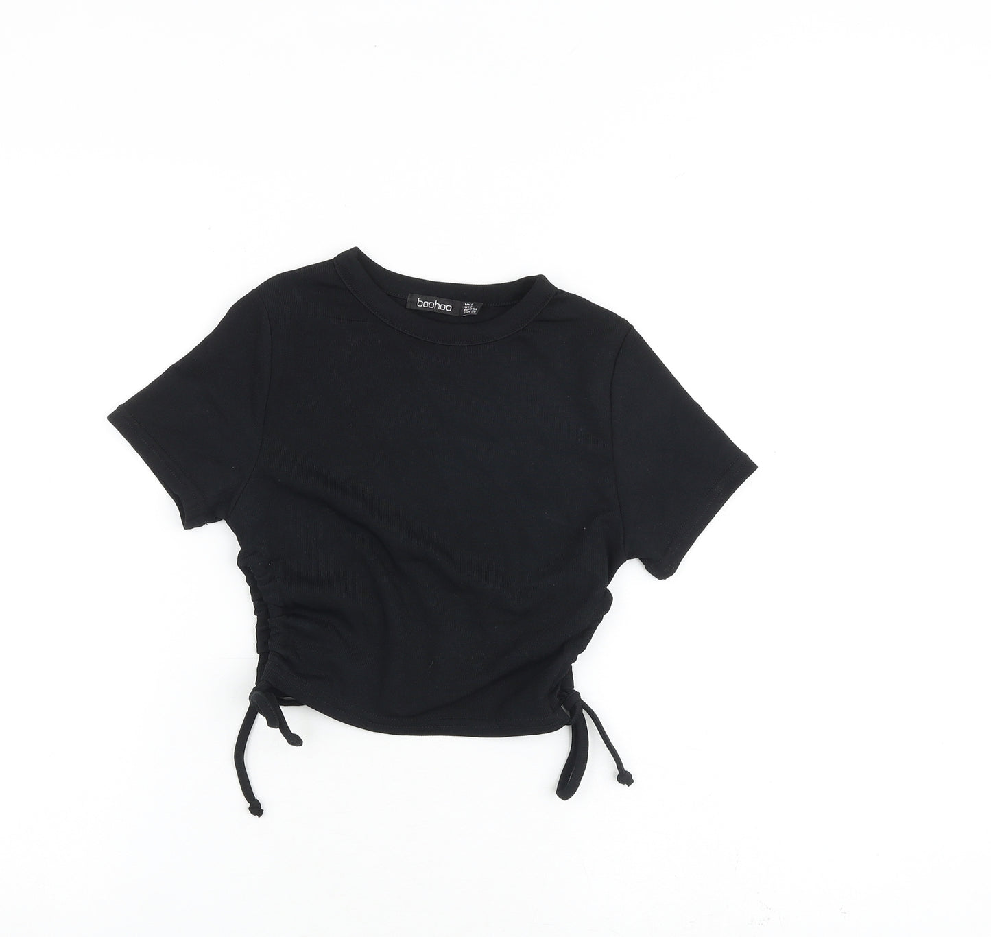 Boohoo Womens Black Polyester Basic T-Shirt Size 6 Round Neck - Ruched Sides