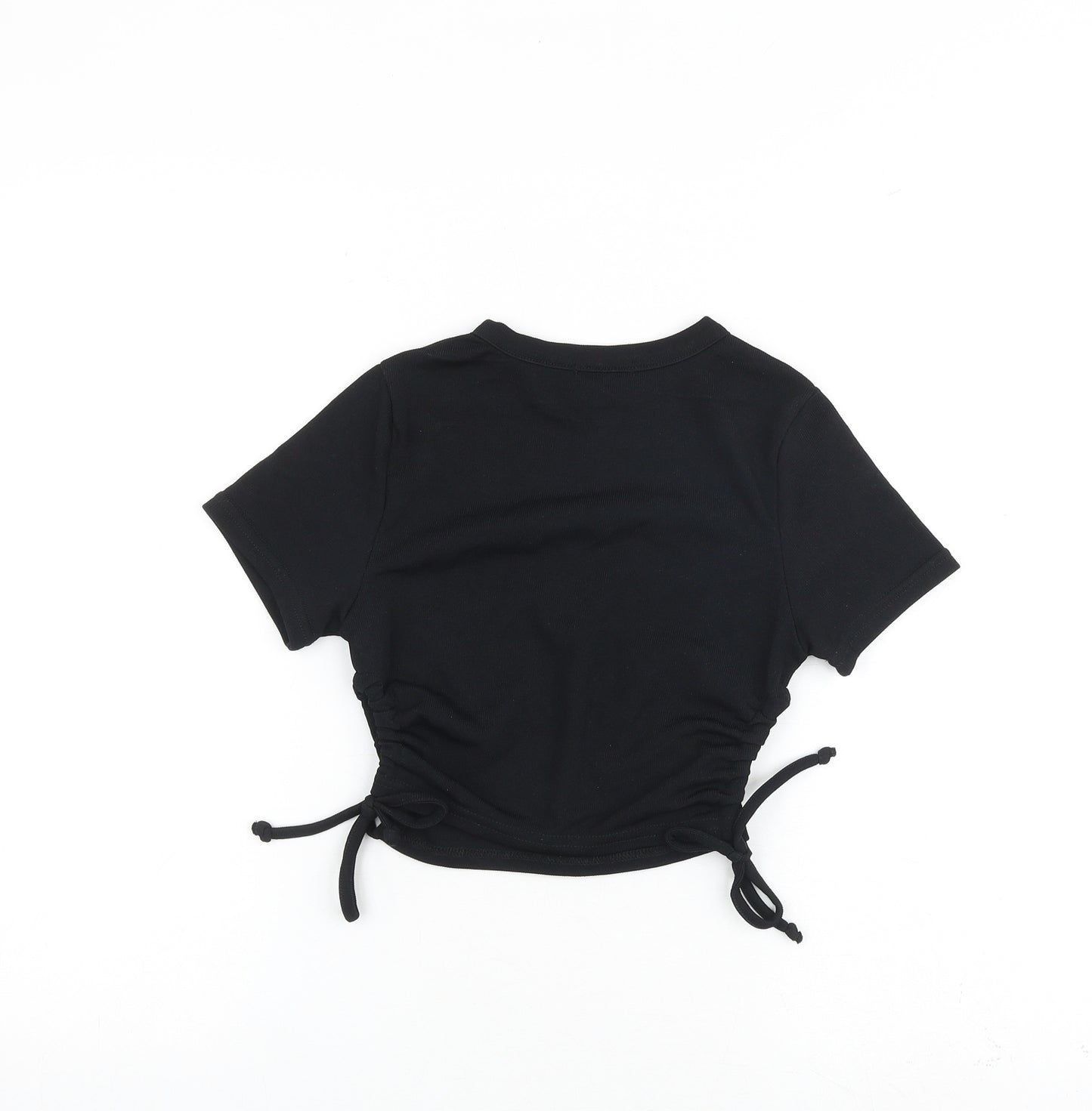 Boohoo Womens Black Polyester Basic T-Shirt Size 6 Round Neck - Ruched Sides