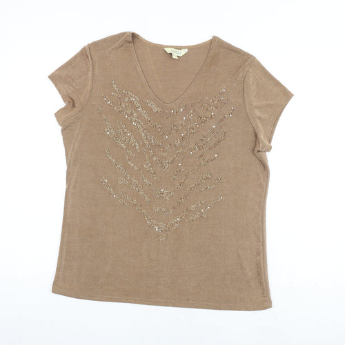Classics Womens Brown Polyester Basic T-Shirt Size 12 Round Neck