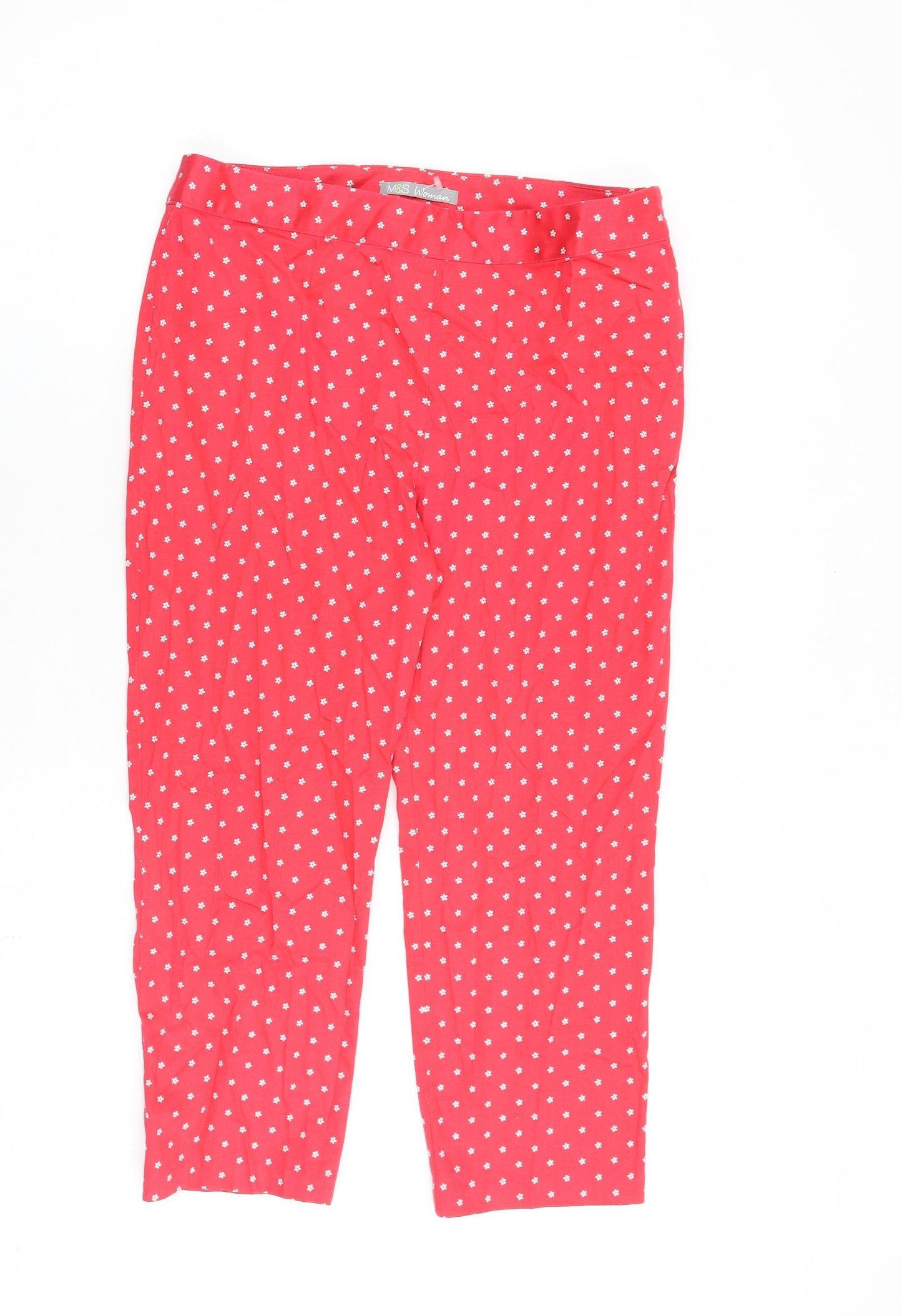 Marks and Spencer Womens Red Floral Cotton Trousers Size 12 L23 in Regular Zip