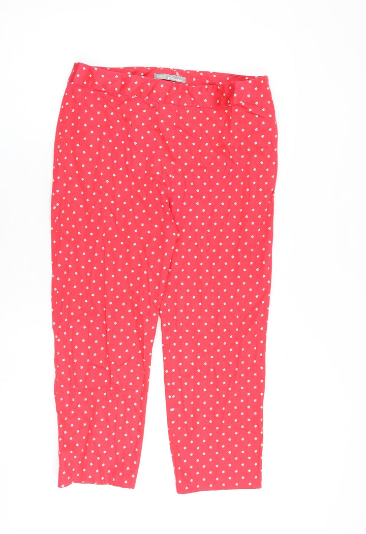 Marks and Spencer Womens Red Floral Cotton Trousers Size 12 L23 in Regular Zip