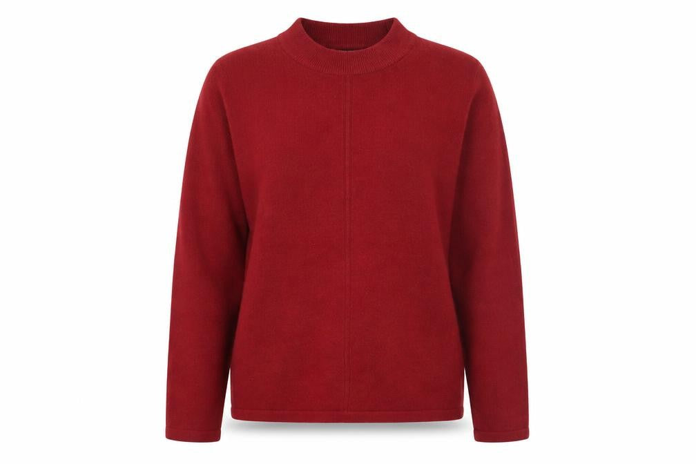 Front view of Marks & Spencer women’s red round neck acrylic jumper, size UK 12