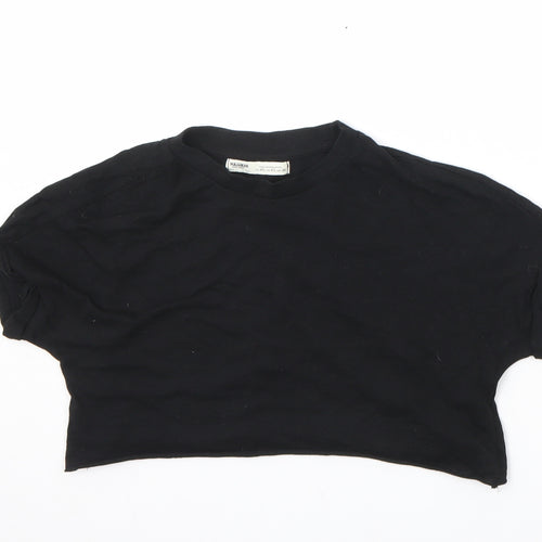 Pull&Bear Womens Black 100% Cotton Cropped T-Shirt Size XS Crew Neck